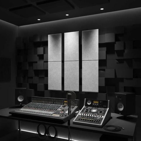 Straight Up Six Piece Soundproof Wall Panels With Flat Profile Acoustic Foam Tiles For Legit Noise Reduction In Living Rooms And Bedrooms Silver Gray setup in a modern music studio.