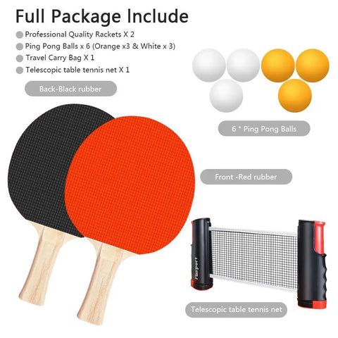 Portable Ping Pong Paddle Set With Retractable Net 2 Rackets 3 Balls Carry Bag showing rackets, net and balls