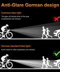 Comparison of common bike light glare and anti-glare German design with cyclist and pedestrians, highlighting safety benefits.