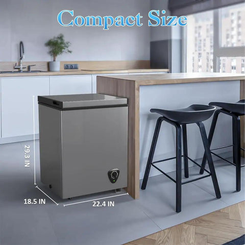Compact 3.5 Cubic Feet Chest Freezer With Seven Adjustable Temperature Controls in a modern kitchen setting, featuring compact size and sleek design.