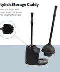 Heavy Duty Toilet Plunger and Cleaning Brush Set with Ergonomic Handles and Neat Caddy for discreet storage, shown upright