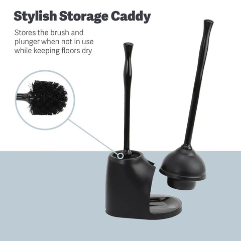 Heavy Duty Toilet Plunger and Cleaning Brush Set with Ergonomic Handles and Neat Caddy for discreet storage, shown upright