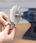 Top Shelf 6 Inch Bench Buffer And Jewelry Polisher Includes Dual Cotton Buffing Wheels For Slick Metal Wood Knife Finishing A No Brainer Pick For Any Backyard Workshop Today, polishing a jewelry piece.