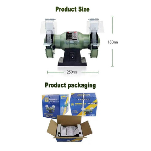 5 Inch Bench Grinder Cranking 3000 Rpm Pure Copper Motor with transparent eye shields and packaging shown.