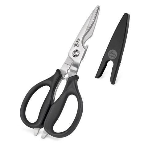 Heavy-Duty 9-Inch Come-Apart Kitchen Shears With Guard For Everyday Food Prep No-Nonsense Tough-As-Nails Scissors That Slice Poultry, Herbs, Veggies, Packaging And Twine, Easy Cleaning Break-Apart Blades For Quick Cleanup. 9-inch stainless steel kitchen shears with guard and cover