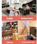 12 Pack Soft Foam Corner Guards For Baby Proofing And Toddler Safety Featuring Dead Simple Peel Setup And Rock Solid Self Adhesive Grip To Safeguard Sharp Living Room Furniture Edges shown on tables, cabinets, and stairs.