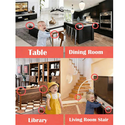 12 Pack Soft Foam Corner Guards For Baby Proofing And Toddler Safety Featuring Dead Simple Peel Setup And Rock Solid Self Adhesive Grip To Safeguard Sharp Living Room Furniture Edges shown on tables, cabinets, and stairs.