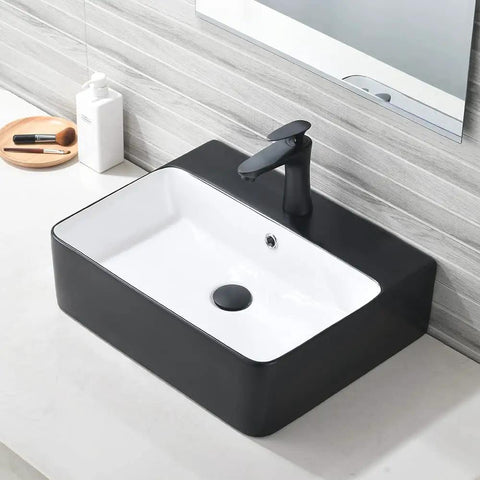 Matte Black Vessel Sink And Faucet Combo For Modern Bathrooms 18x16 Inch Rectangular Above Counter Porcelain Ceramic Vanity Sink With Dual Faucets Pop Up Drain And Water Lines