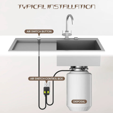 Diagram of a stainless steel garbage disposal air switch kit for sink top brushed nickel on off button ultra thin socket UL listed.