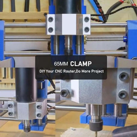 Heavy Duty CNC Motor Mount Bracket And Aluminum Spindle Clamp Fixture With Mounting Hardware For Router Milling Equipment Workshop, Ready To Install, Includes 4 M6 Screws, Precision Sandblasted Finish, 65mm clamp on CNC router spindle