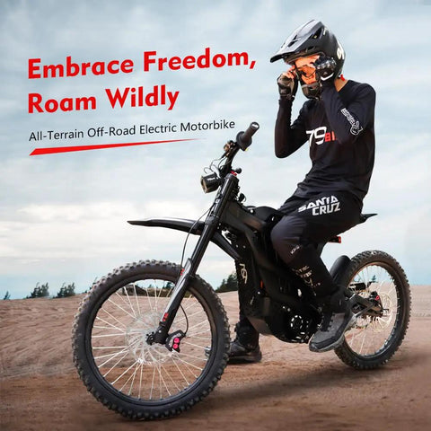 Badass Electric Dirt Bike For Adults Teens, 8000W Brushless Motor Ebike With 60V Dual Battery, off-road riding on sandy terrain.
