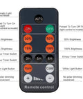 JUDYSSY Led Solar Flood Light remote control showing brightness settings and timer functions.
