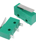 Green 4-pack micro travel limit switch 3-pin 5A 250V for CNC machines with handle, industrial control, shown in side and top view