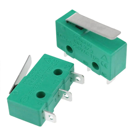 Green 4-pack micro travel limit switch 3-pin 5A 250V for CNC machines with handle, industrial control, shown in side and top view