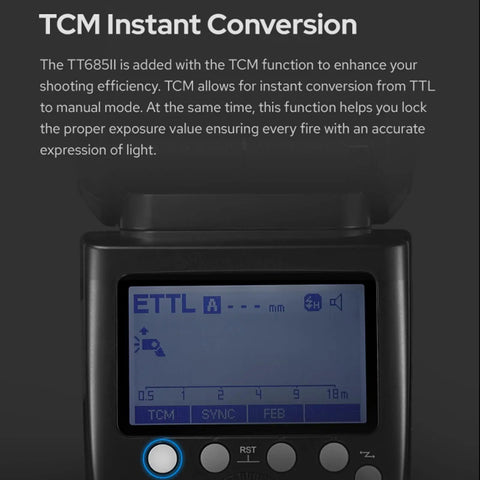 TT685II-C Canon Speedlite Flash E TTL High Speed Sync With 2.4G Wireless X System display screen close-up showing settings