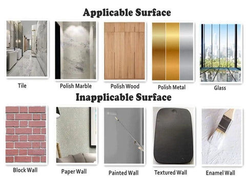Image of applicable and inapplicable surfaces for Heavy Duty Vacuum Suction Cup Hooks 2 Pack For Kitchen Bathroom And Restroom Organization No Drilling No Screws No Holes No Glue Damage Free Mount Strong Hold Perfect For Towels Kitchen Utensils And More, showing surfaces like tile, marble, wood, metal, and glass.