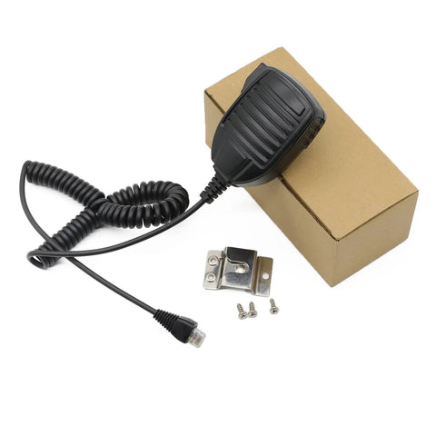Handheld Shoulder Microphone For Yaesu And Vertex Radios With Durable Mic Hanger next to brown box and mounting hardware.
