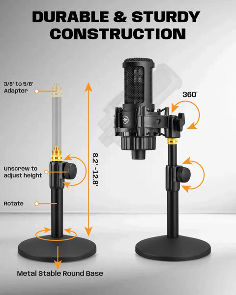 Gold 26mm Large Diaphragm Condenser Microphone Kit With Cardioid Capsule features adjustable metal desk stand.