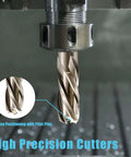 Front view of a silver M2 HSS annular cutter in a drill chuck; 6-piece set, 7/16–1-1/16 in dia, 1 in depth, pilot pins