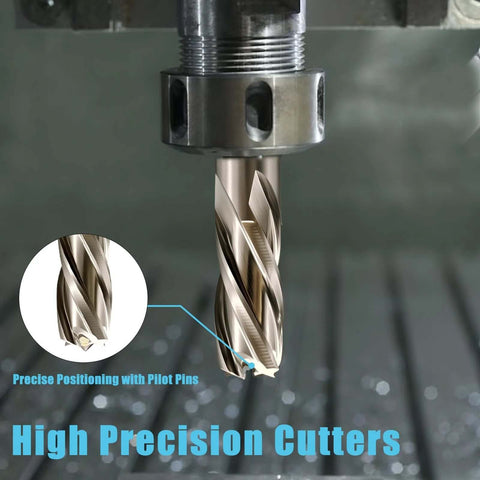 Front view of a silver M2 HSS annular cutter in a drill chuck; 6-piece set, 7/16–1-1/16 in dia, 1 in depth, pilot pins