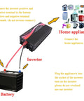 Diagram showing Power Inverter 2000W 24V DC To 110V 120V AC Pure Sine Wave connections to battery and home appliances.