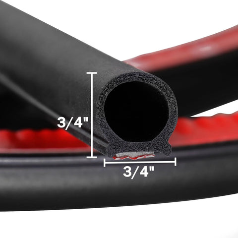 Black D-shaped heavy-duty weather stripping, 3/4 in by 3/4 in hollow rubber seal, 8 ft self-adhesive for auto doors/windows.