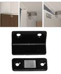 Heavy Duty Magnetic Cabinet Catch 8 Pack L Shaped Black Brackets With Strong Adhesive For Kitchen Doors Drawers And Cupboards No More Slamming, showing installation examples.