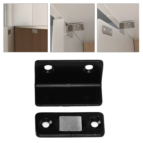 Heavy Duty Magnetic Cabinet Catch 8 Pack L Shaped Black Brackets With Strong Adhesive For Kitchen Doors Drawers And Cupboards No More Slamming, showing installation examples.