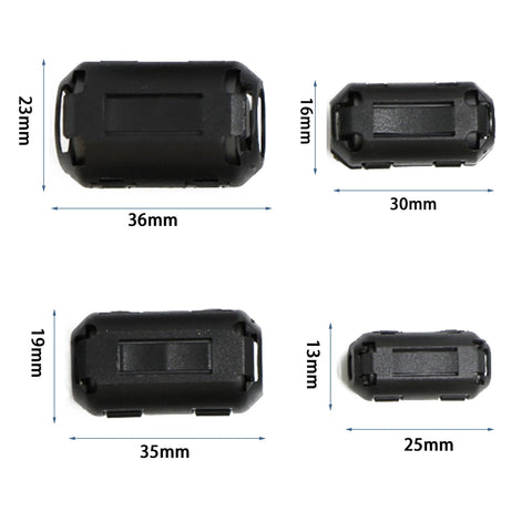 Sizes of 20 Pack Clip-On Ferrite Ring Cores For Dope RFI EMI Noise Suppression, Cable Clip Adapters in black, dimensions labeled.