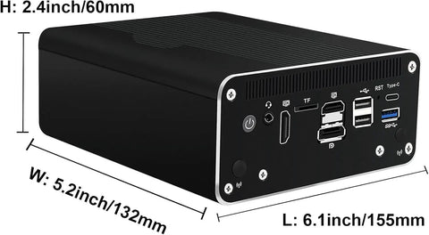 Rock Solid Micro Firewall Appliance Packing Dual 10GbE SFP Plus Four 2.5GbE LAN Ports Heavy Hitter Mini PC showcasing ports and dimensions.