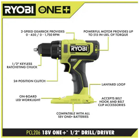 18V Cordless Drill Driver With Half-Inch Keyless Chuck, Delivers Up To 515 In-Lbs Torque And 1,750 RPM, PCL206B