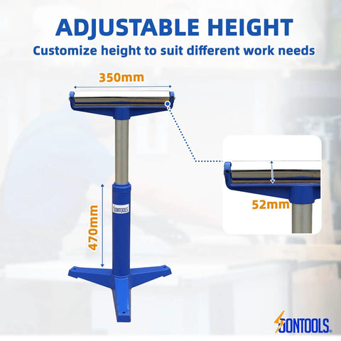 Heavy Duty Roller Stand For Woodworking With Smooth Rollers And Quick Height Adjustments From 22 To 38 Inches, showing adjustable height and dimensions.