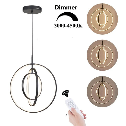 Black Modern 3 Ring Dimmable Pendant Chandelier for Dining Room, Kitchen Island, and Living Room shown with remote control