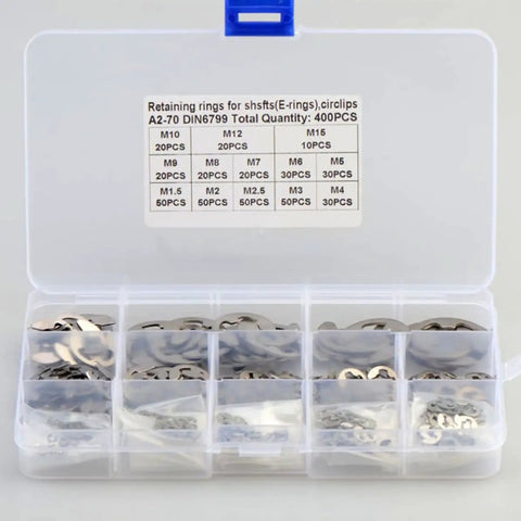 400 Piece Stainless Steel Retaining Ring Kit M1.5 To M15 E Shaped Snap Ring Set open plastic case with compartments