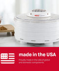 Snag This Badass Hella Reliable Four Tray Food Dehydrator For Herbs Fruit And Beef Jerky With Even Heat Distribution And Clear Top Viewing In Speckled White on a kitchen counter.