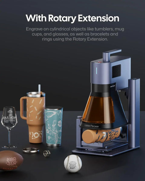 LP5 20W Dual Laser Engraver And Cutter Pro Grade For Metal Wood Glass with rotary extension and engraved mugs and glassware.