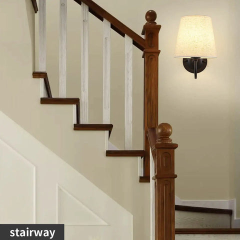 Set Of 2 Industrial Wall Sconces With Beige Fabric Shades, Black Finish, Modern Retro Yet Cozy Vanity Lights for stairway