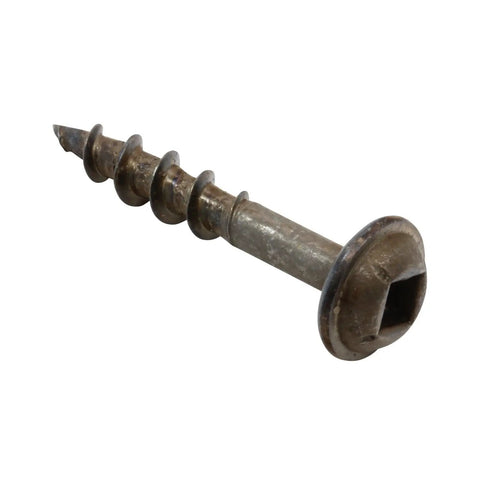 Close-up of a Number Eight By One Inch Pocket Hole Deck Screw with Washer Head Square Drive Deep Coarse Thread for softwoods.