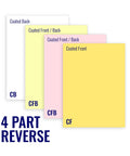 8.5 x 11 Superior Carbonless Paper 4 Part Reverse Gold Pink Canary White 1000 Sets 4000 Sheets 8 Reams displayed stacked