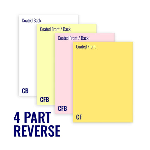 8.5 x 11 Superior Carbonless Paper 4 Part Reverse Gold Pink Canary White 1000 Sets 4000 Sheets 8 Reams displayed stacked