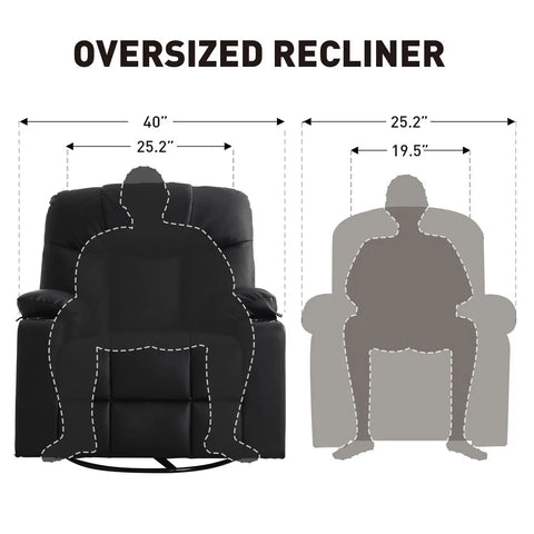Oversized Swivel Rocker Recliner With Heated Massage, 40 Inch Rocking Chair In PU Leather size comparison illustration, black finish