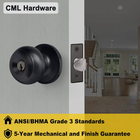 Matte Black Entry Door Knobs 4 Pack With Keyed Different Locks Round Ball Handles for front or back doors close-up view
