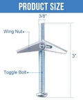 Three Eighths Inch Toggle Bolts Set Of Twelve Heavy Duty Drywall Anchors For Hollow Walls And Ceilings Metal Butterfly Anchors In Zinc Plated Carbon Steel Rust Resistant Easy To Install And Durable showing product size with wing nut and 3/8 x 3 inch dimensions.