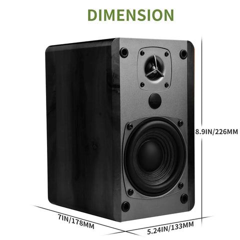 Booming 60W RMS Active Bluetooth Bookshelf Speakers With DSP And DRC For PC TV And Turntable, Wood Enclosure, dimensions shown