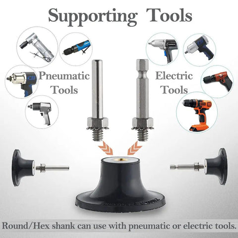 Easy Twist On Quick Change Disc Pad Holder Kit, 4 Pack, 1/4 Inch Shanks For Die Grinder shown with pneumatic and electric tools