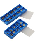 Top view of Twenty Pcs Carbide Turning Inserts Set CCMT21.51 CCMT060204 DCMT21.51 DCMT070204 Multilayer Coated Lathe Inserts in blue trays