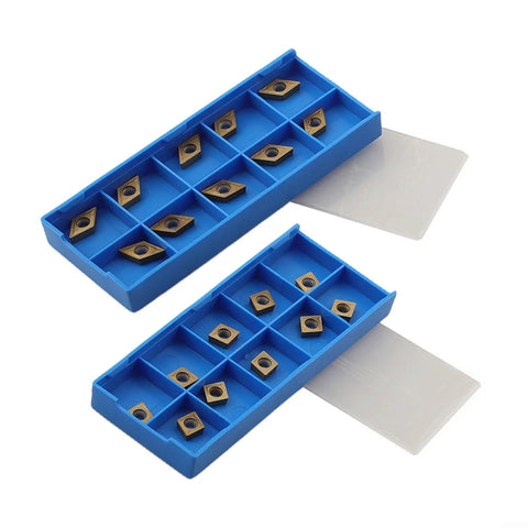 Top view of Twenty Pcs Carbide Turning Inserts Set CCMT21.51 CCMT060204 DCMT21.51 DCMT070204 Multilayer Coated Lathe Inserts in blue trays