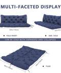 Extra Thick 5 Inch Waterproof Porch Swing Cushions For 60 Inch Three Seater Outdoor Swing With Backrest Ties Navy Blue Fade Resistant Outdoor Patio Bench Cushions, displayed folded and tiled for versatile use.