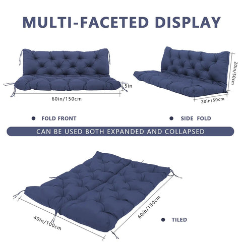 Extra Thick 5 Inch Waterproof Porch Swing Cushions For 60 Inch Three Seater Outdoor Swing With Backrest Ties Navy Blue Fade Resistant Outdoor Patio Bench Cushions, displayed folded and tiled for versatile use.