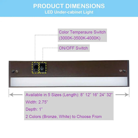 Product dimensions of 32 Inch Dimmable LED Under Cabinet Light With Linkable Design, 18W 1350 Lumens, in bronze finish, showing switches.